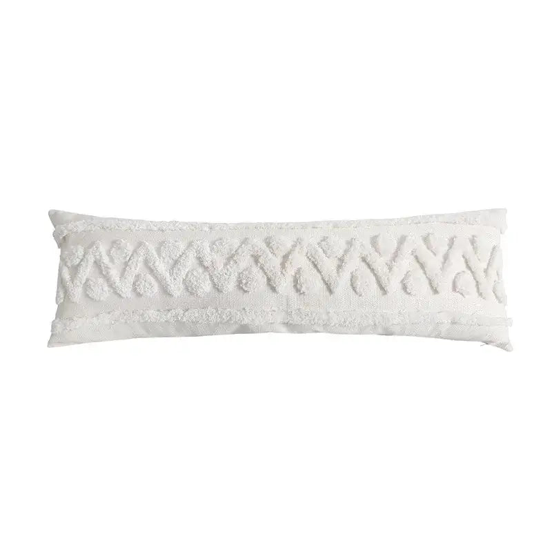 White textured cushion cover with woven geometric pattern and frayed edges for diamond tufted blue living room decor