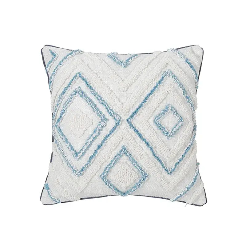 White throw pillow with textured light blue geometric embroidery diamond tufted blue cushion cover for living room