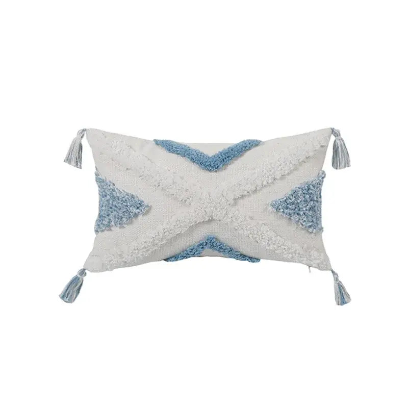 Rectangular cushion cover with diamond tufted blue and white geometric patterns and tassels for living room decor