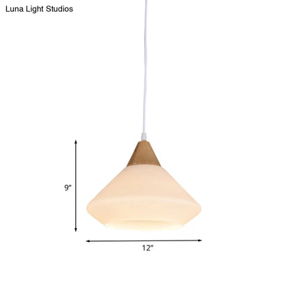 Diamond White Glass Pendant Light – Modernist Wood Dining Room Ceiling Lighting with 1 Light