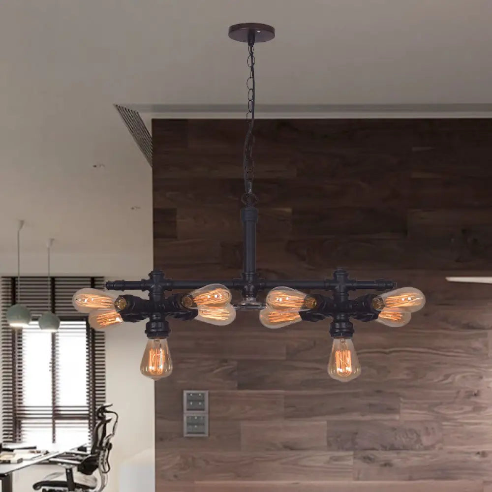 Diana - Vintage 10 Bulbs Iron Ceiling Chandelier Vintage Black Radial Pipe Living Room Suspended Pendant Light