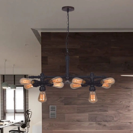 Diana - Vintage 10 Bulbs Iron Ceiling Chandelier Vintage Black Radial Pipe Living Room Suspended Pendant Light