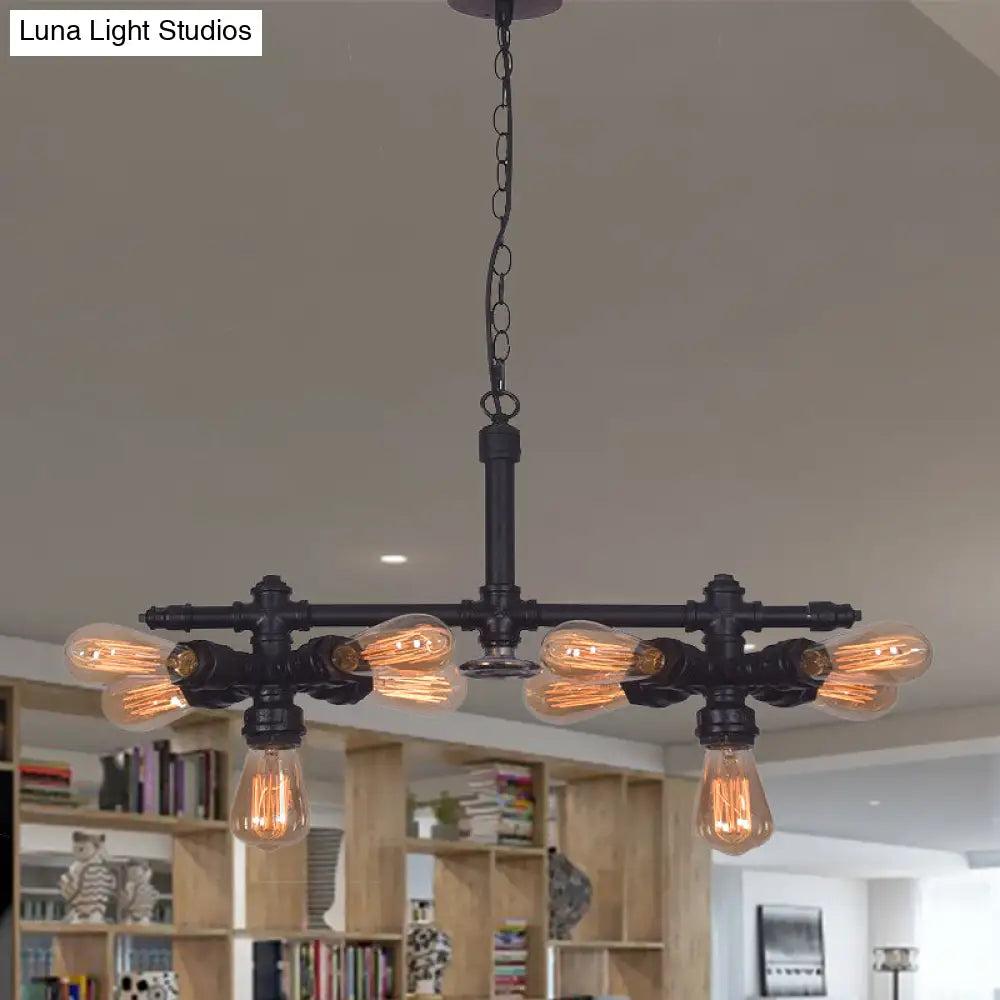 Diana - Vintage 10 Bulbs Iron Ceiling Chandelier Vintage Black Radial Pipe Living Room Suspended Pendant Light