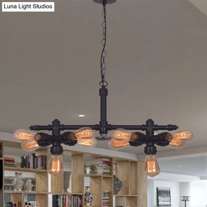 Diana - Vintage 10 Bulbs Iron Ceiling Chandelier Vintage Black Radial Pipe Living Room Suspended Pendant Light