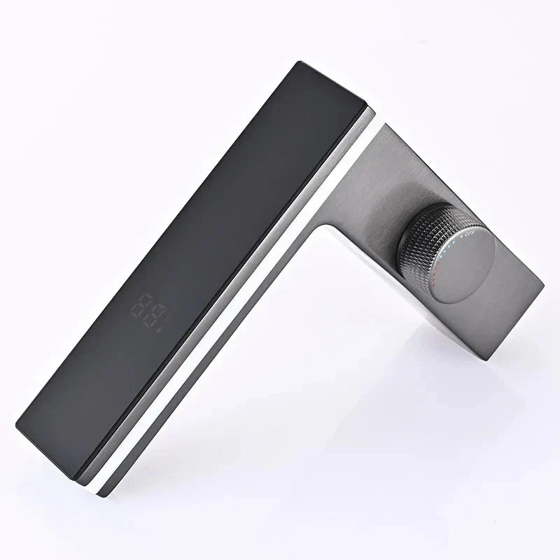 Black and brushed steel l-shaped glass cutter with digital display and adjustable knob for precise single hole deck mounted cutting