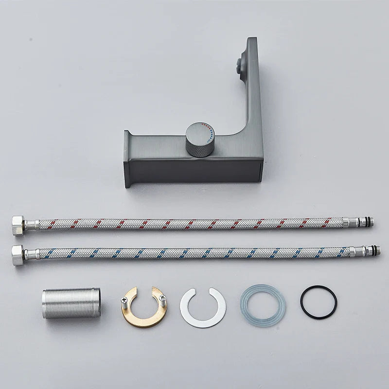 Modern matte gray digital display single hole bathroom basin faucet with brass housing material and cold water mixer