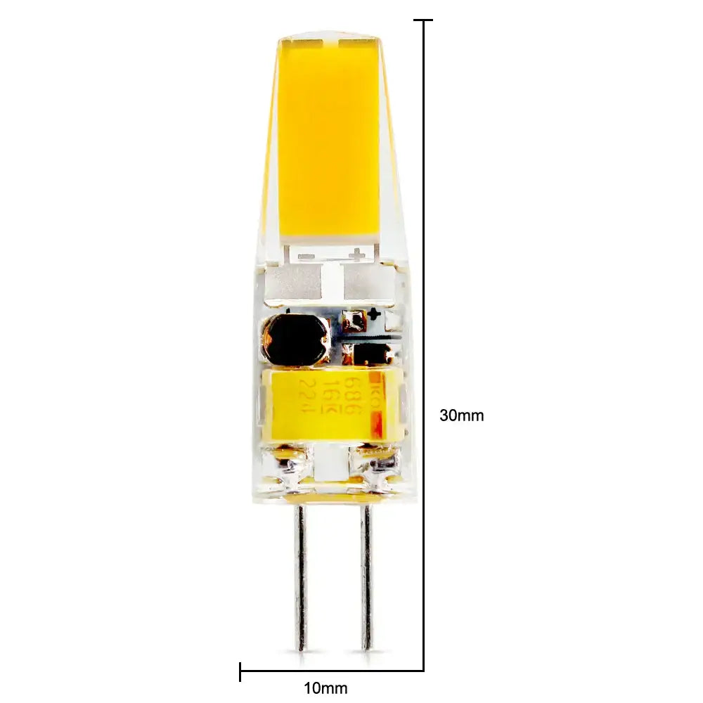 Dimmable g4 led bulb with clear glass casing yellow tip and two metallic pins ideal for living room lighting solution
