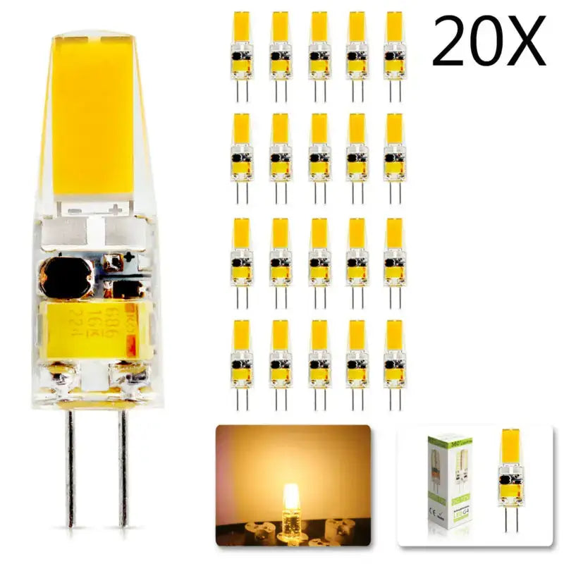 A pack of 20 warm white dimmable g4 led bulbs with clear glass and yellow tip for living room decorbites lighting