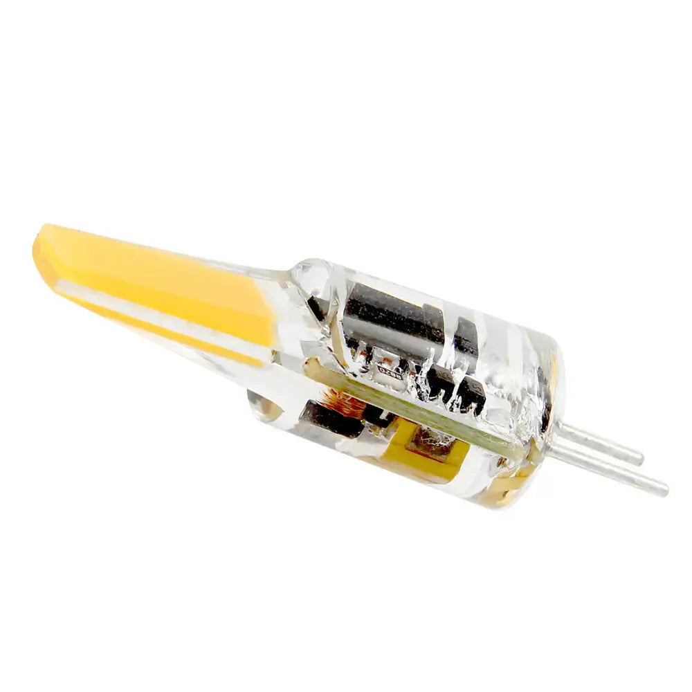 Clear glass dimmable g4 led bulb with yellow tip and two metallic pins for living room lights by decorbites