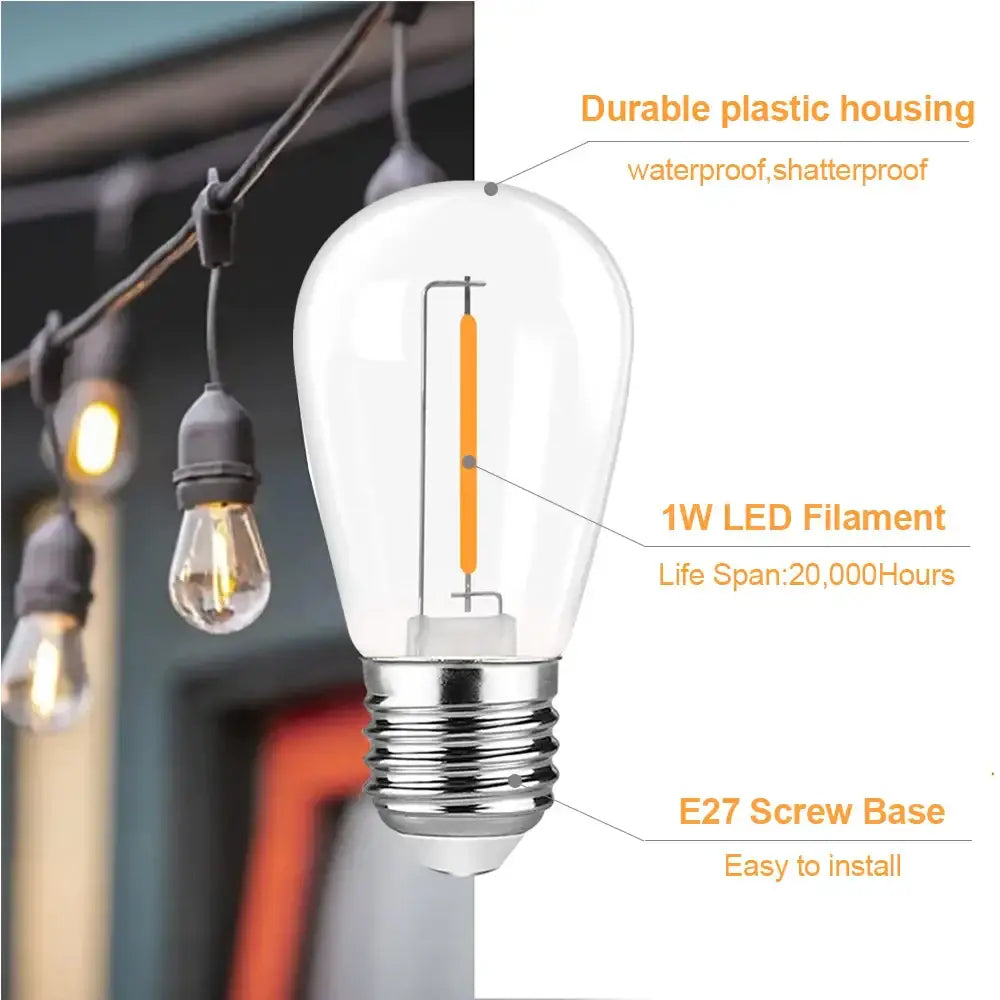 Clear glass dimmable led filament bulb with 1w warm white filament and chrome e27 base for outdoor garden use