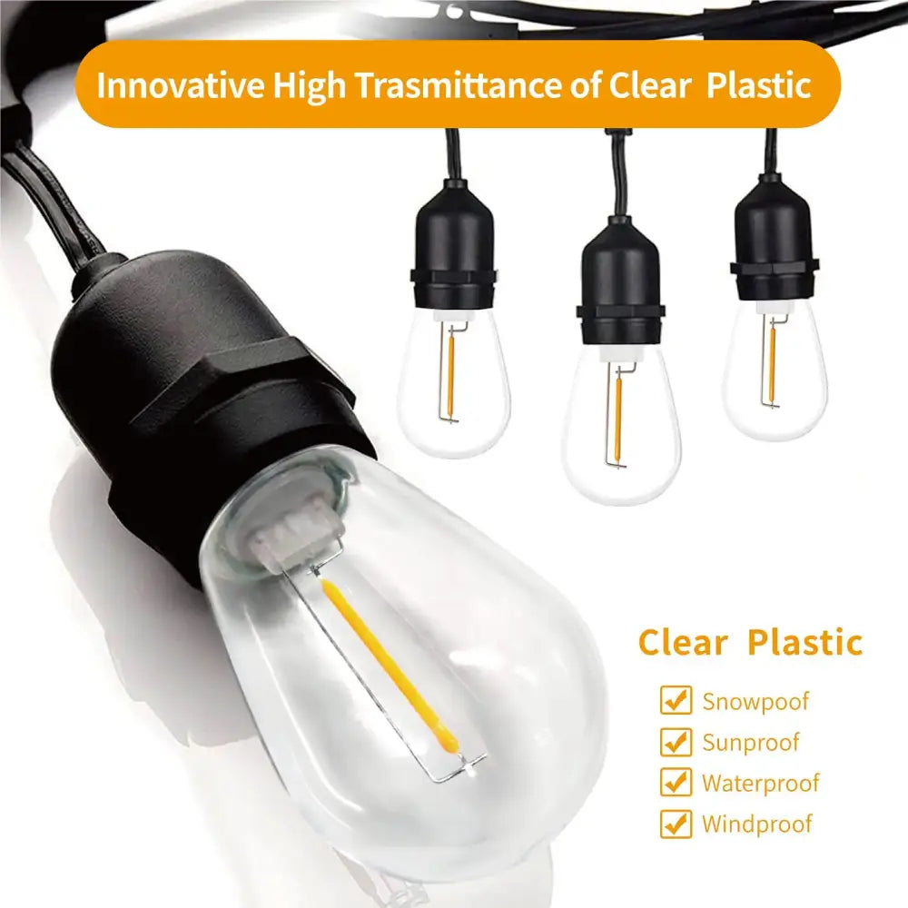 Black and clear plastic decorbites dimmable led filament warm white outdoor bulbs in a 5 pack garden light string