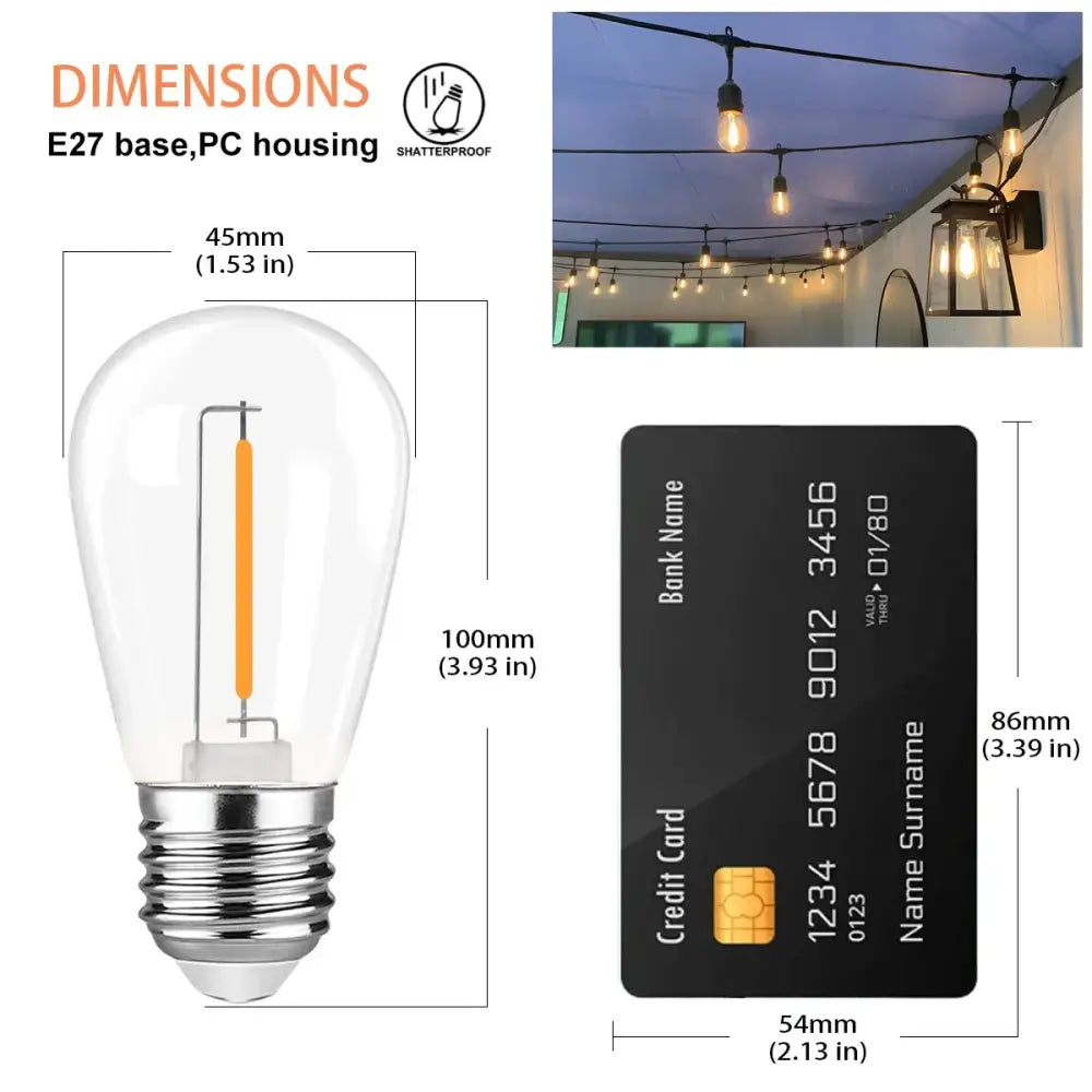 Clear glass dimmable led filament bulb with warm orange filament and metallic base for outdoor garden decorbites lighting