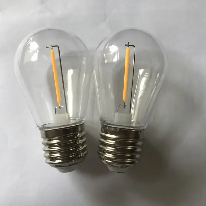 Two clear glass dimmable led filament bulbs with warm white light and metallic screw bases for outdoor garden use