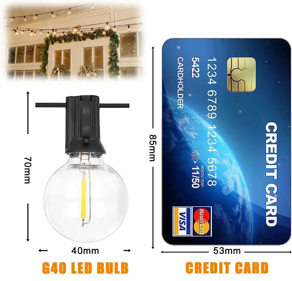 Clear glass g40 dimmable led outdoor globe string lights bulb with black base and exposed yellow filament by decorbites