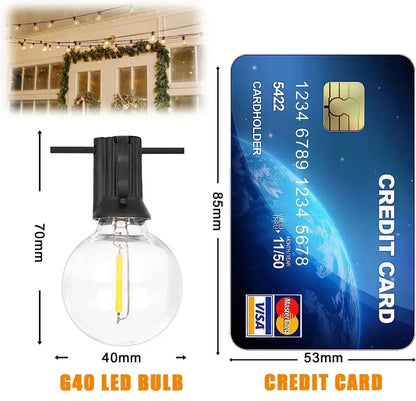 Clear glass g40 dimmable led outdoor globe string lights bulb with black base and exposed yellow filament by decorbites