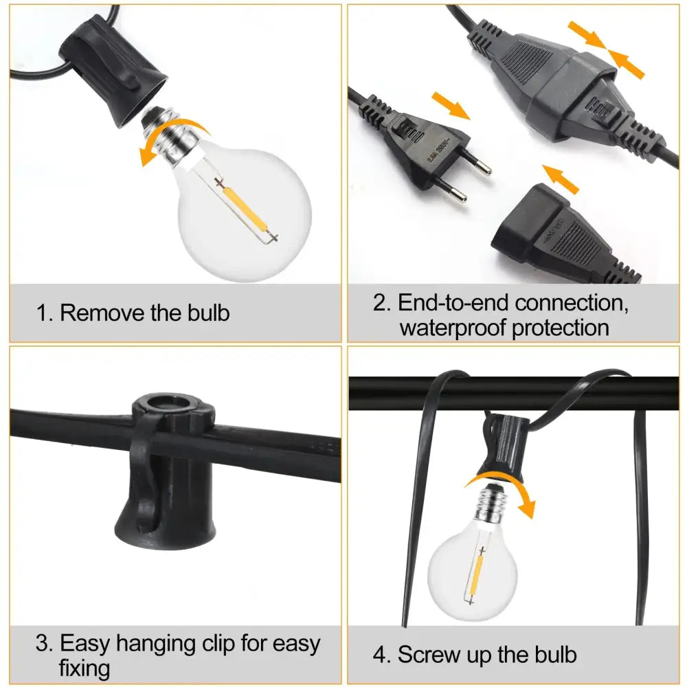 Black outdoor dimmable led outdoor string lights with clear glass edison bulbs and waterproof connectors by decorbites