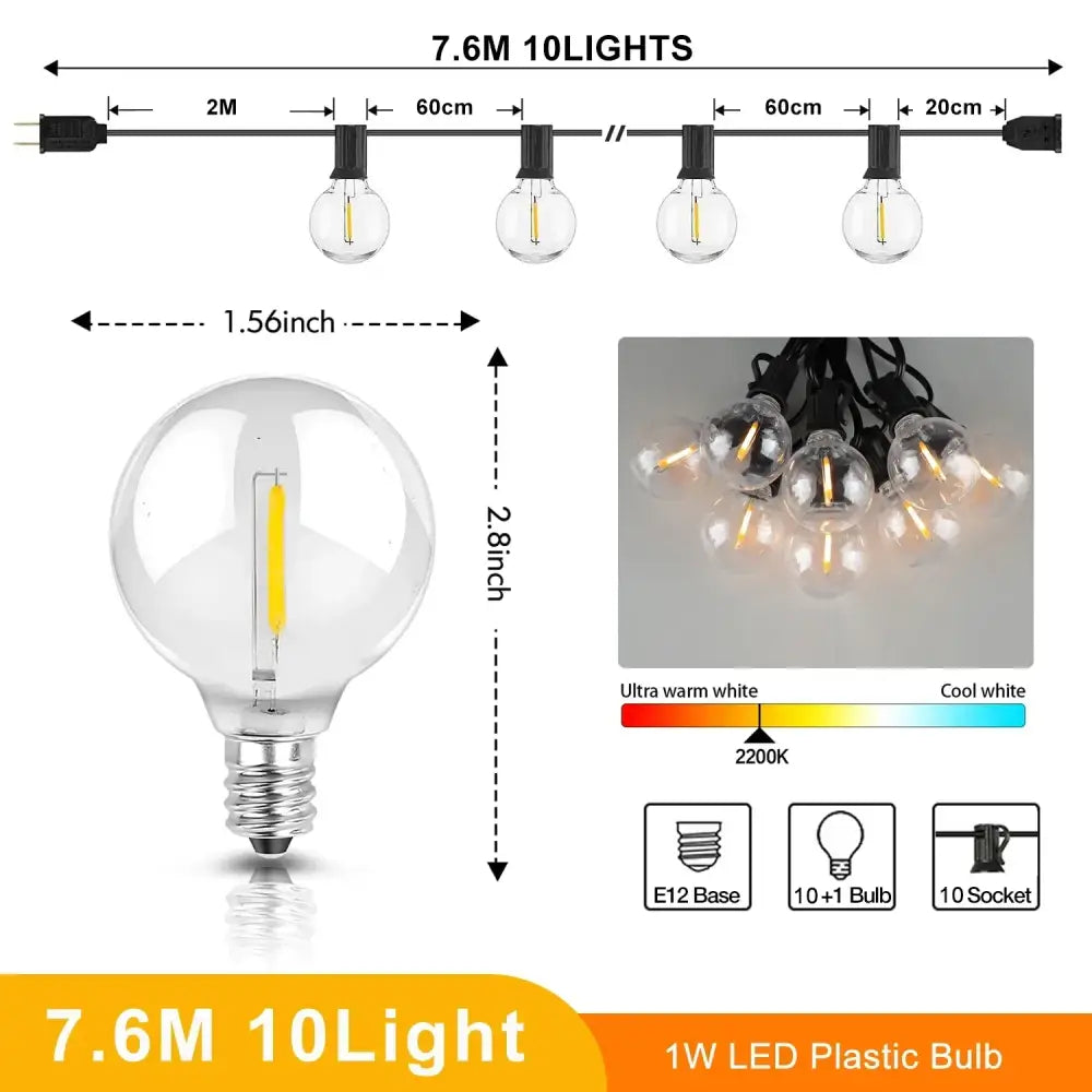 Clear glass globe dimmable led outdoor string lights with yellow filament and silver metal base by decorbites