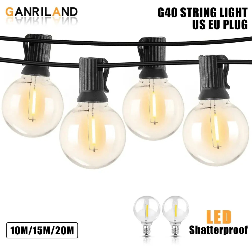 Ganriland g40 dimmable led outdoor globe string lights with clear shatterproof bulbs and black plastic clips for patio decor