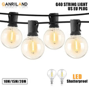 Ganriland g40 dimmable led outdoor globe string lights with clear shatterproof bulbs and black plastic clips for patio decor