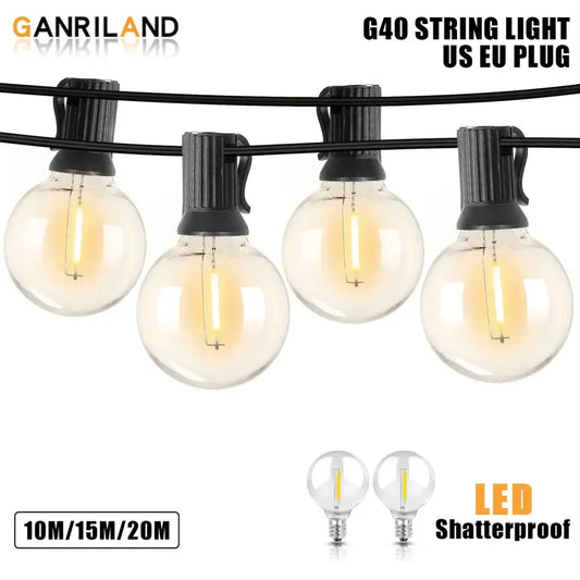 Ganriland g40 dimmable led outdoor globe string lights with clear shatterproof bulbs and black plastic clips for patio decor