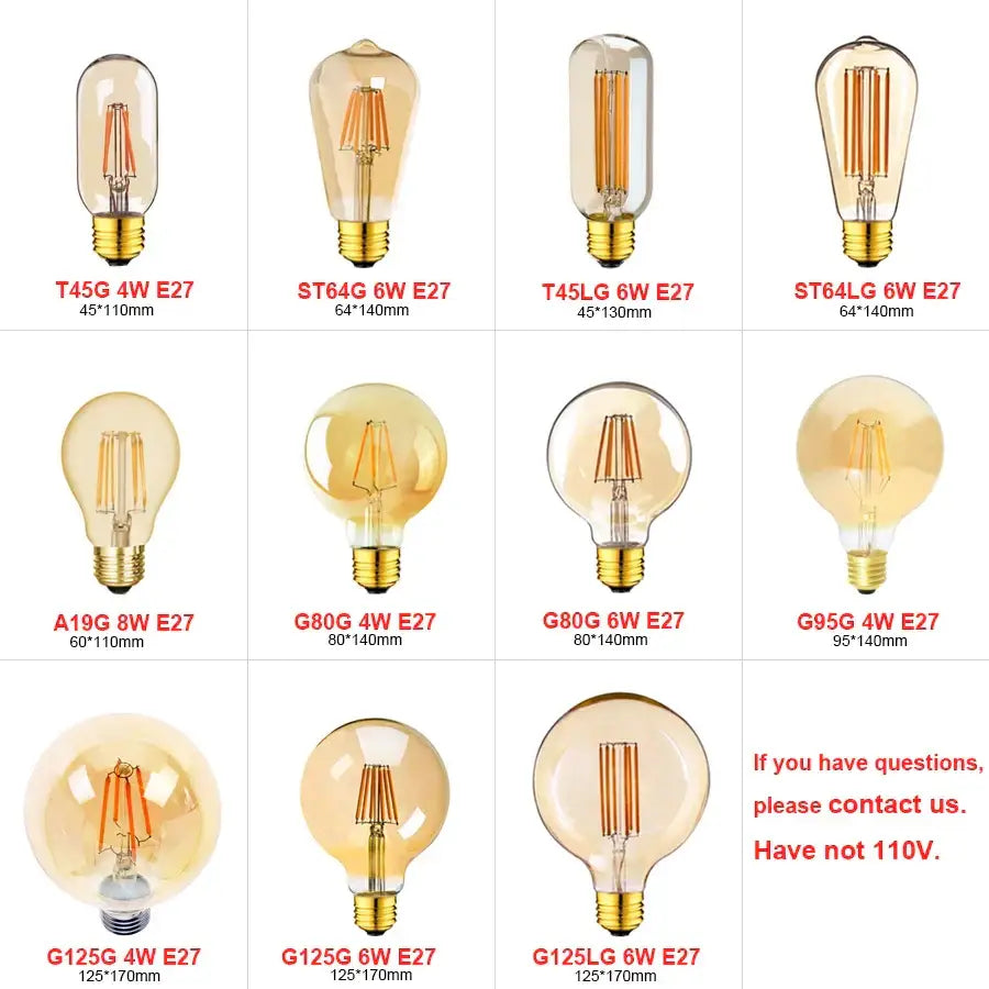 A collection of decorbites dimmable vintage led filament bulbs in amber glass with brass bases and warm amber glow