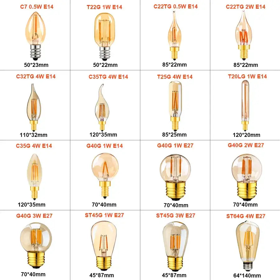 Collection of dimmable vintage led filament bulbs in amber glass with brass bases for decorbites vintage bedroom light