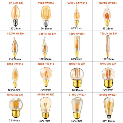Collection of dimmable vintage led filament bulbs in amber glass with brass bases for decorbites vintage bedroom light