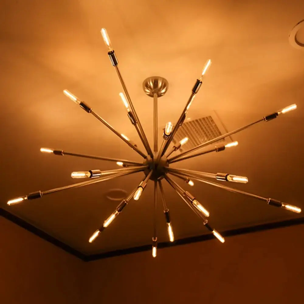 Modern brass starburst chandelier with multiple exposed dimmable vintage led filament bulbs for bedroom decorbites light