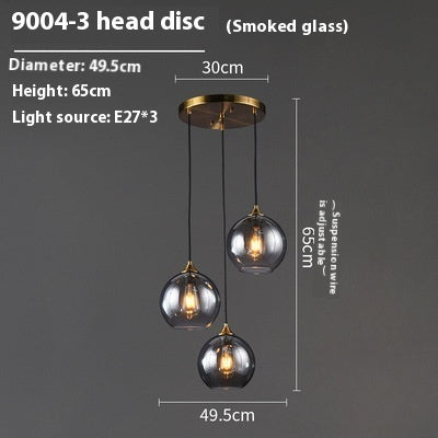 9004-3 head disc pendant light with smoked glass globes and brass accents.
