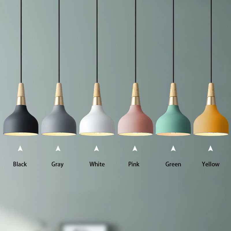 6-color pendant light set with wooden accents and hanging cords.