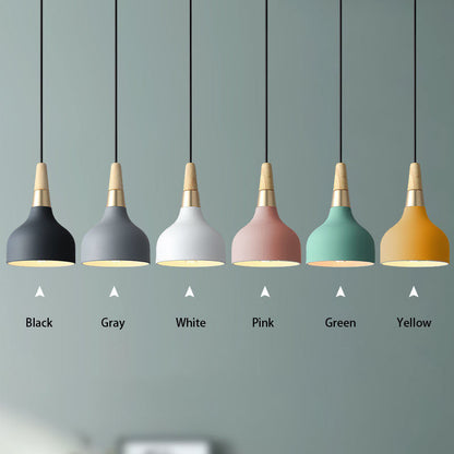 6-color pendant light set with wooden accents and hanging cords.