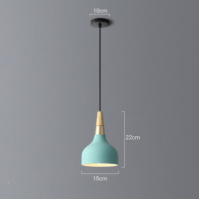 Mint green pendant light with wooden accents and black cord, modern design.