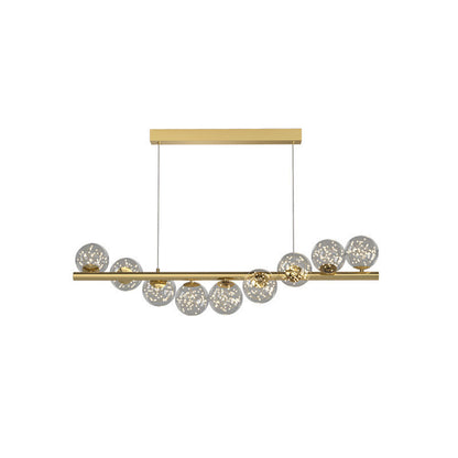 Gold linear pendant light with clear glass globe bulbs and wooden accents.