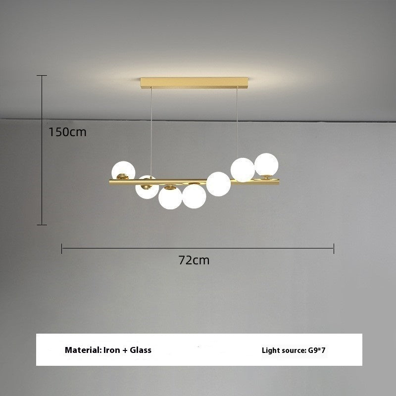 Gold and white dining room chandelier with creative 3d long design featuring iron frame and glass globe light source