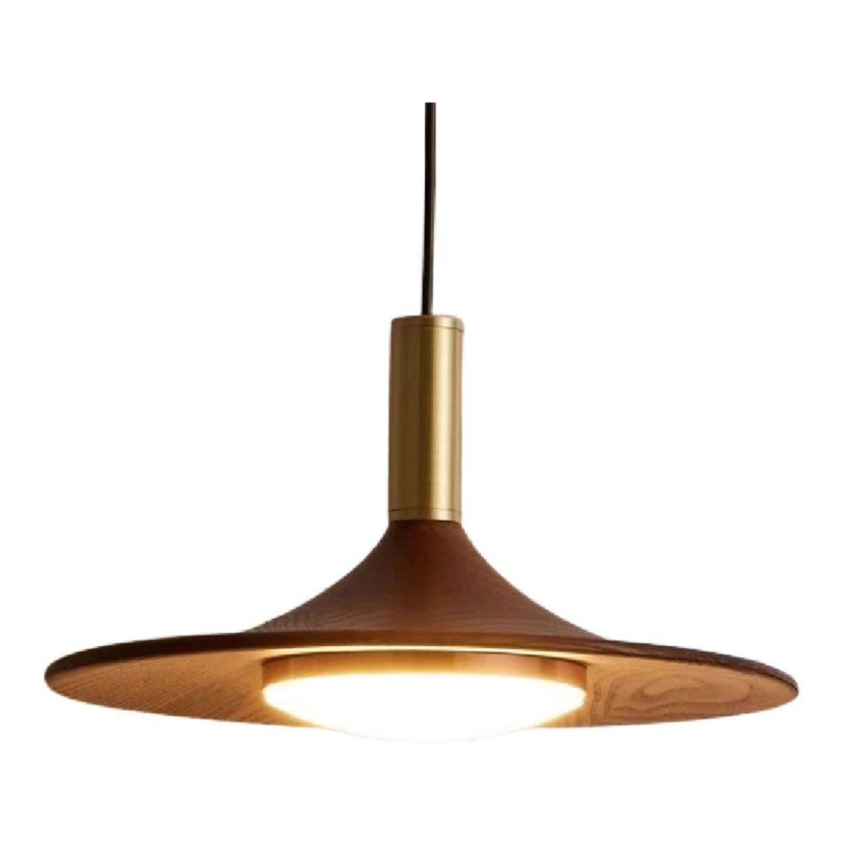 Gold and brown pendant light with a modern design.