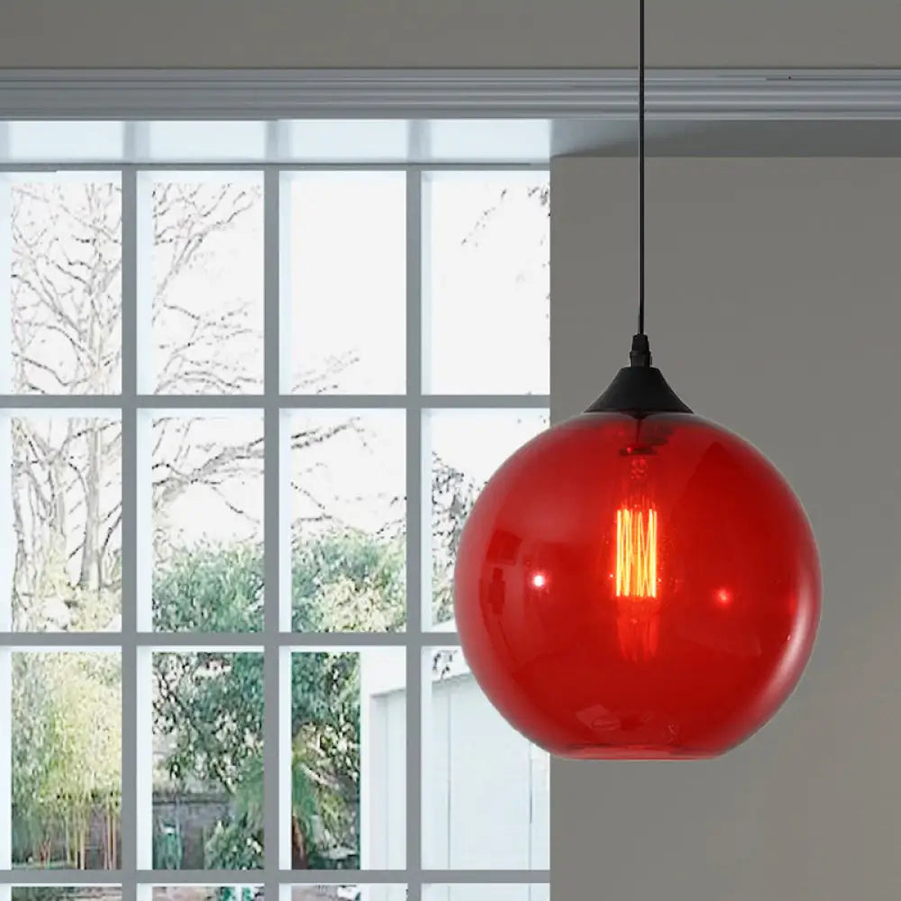 Dining Room Globe Pendant Ceiling Light - Macaron Glass, Clear/Coffee/Red, 1 Head Hanging Lamp