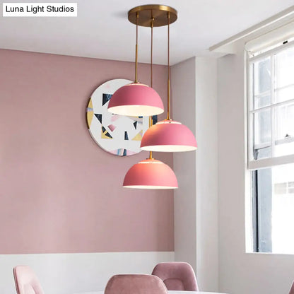 Dining Room Pendant Light Cluster - Macaron White/Pink/Green Finish, Down Lighting with Dome Iron Shade