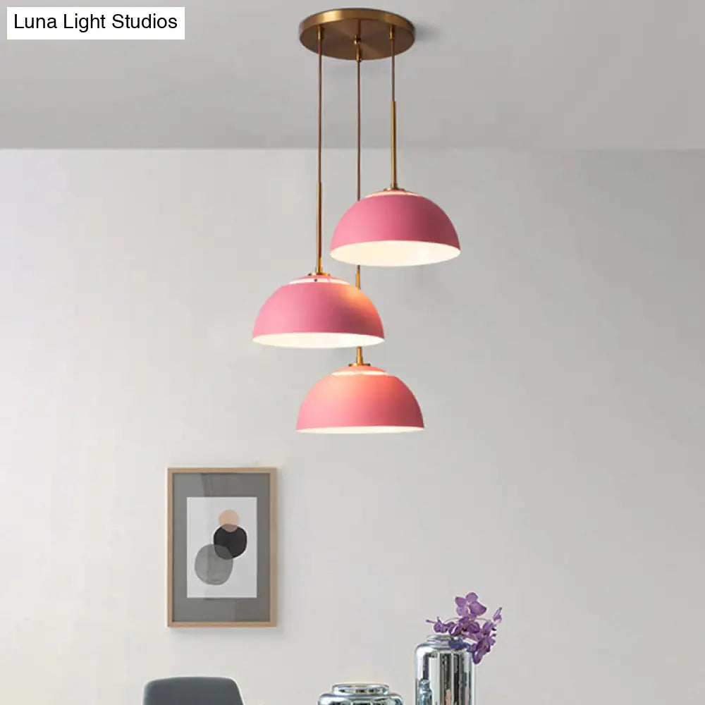 Dining Room Pendant Light Cluster - Macaron White/Pink/Green Finish, Down Lighting with Dome Iron Shade