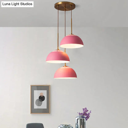 Dining Room Pendant Light Cluster - Macaron White/Pink/Green Finish, Down Lighting with Dome Iron Shade