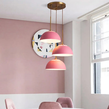 Dining Room Pendant Light Cluster - Macaron White/Pink/Green Finish, Down Lighting with Dome Iron Shade