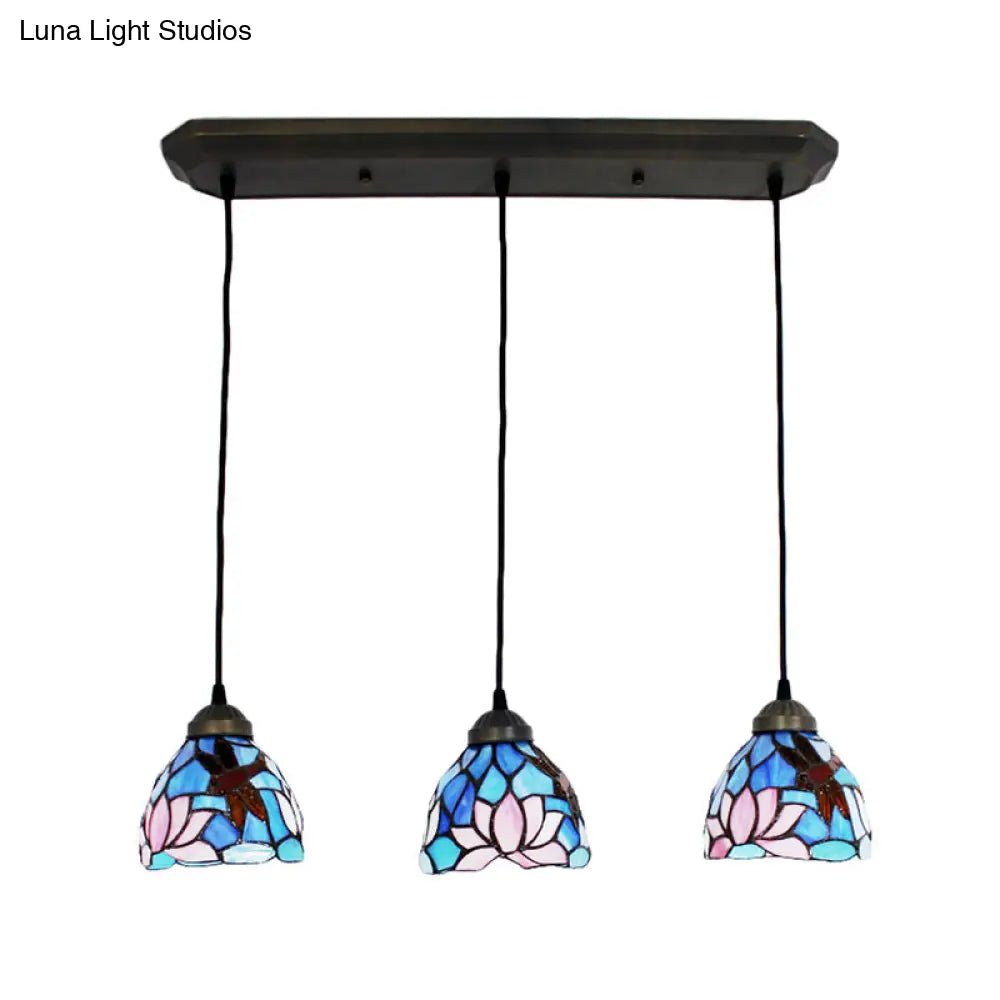 DecorBites™ Dining Table Hanging Lights: Dragonfly Linear Fixture with Art Glass Shade (3-Light)