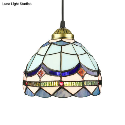 Dining Table Hanging Lights - Floral Shade Pendant Ceiling Lamp in Blue with Tiffany Style Art Glass Shade