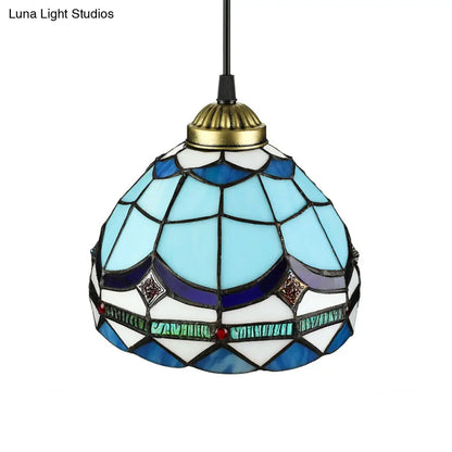 Dining Table Hanging Lights - Floral Shade Pendant Ceiling Lamp in Blue with Tiffany Style Art Glass Shade