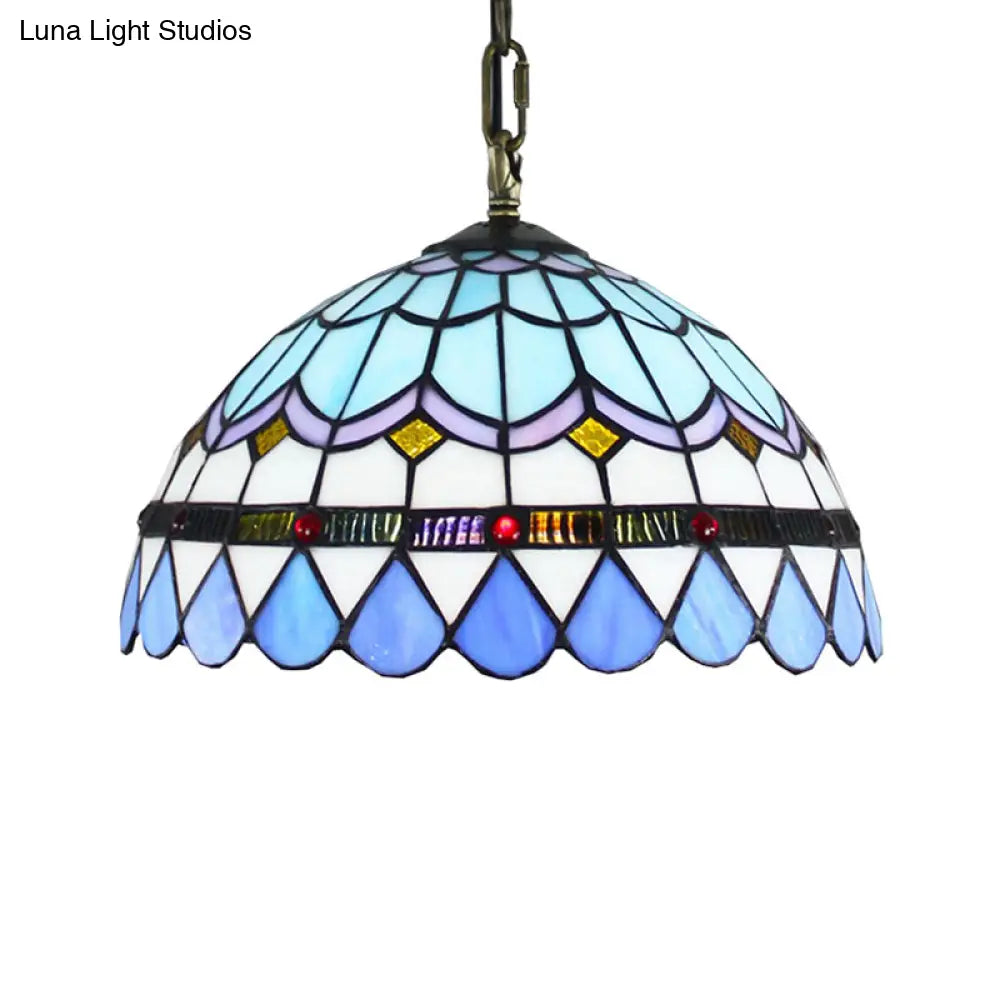 Dining Table Hanging Lights - Floral Shade Pendant Ceiling Lamp in Blue with Tiffany Style Art Glass Shade