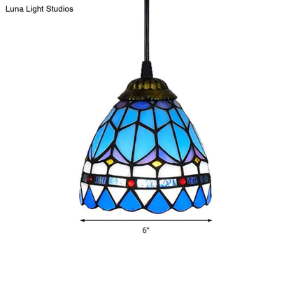 Dining Table Hanging Lights - Floral Shade Pendant Ceiling Lamp in Blue with Tiffany Style Art Glass Shade