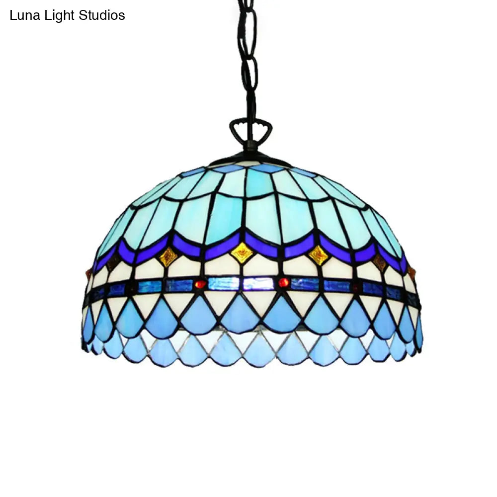 Dining Table Hanging Lights - Floral Shade Pendant Ceiling Lamp in Blue with Tiffany Style Art Glass Shade