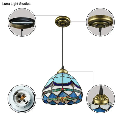 Dining Table Hanging Lights - Floral Shade Pendant Ceiling Lamp in Blue with Tiffany Style Art Glass Shade