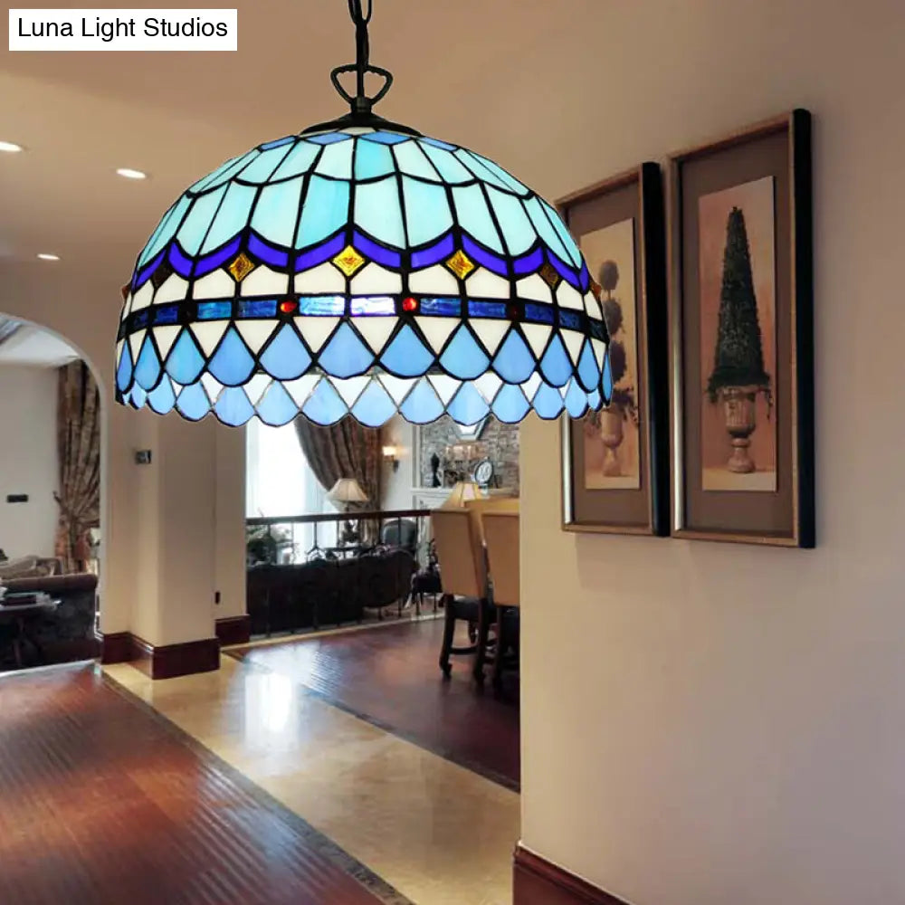 Dining Table Hanging Lights - Floral Shade Pendant Ceiling Lamp in Blue with Tiffany Style Art Glass Shade