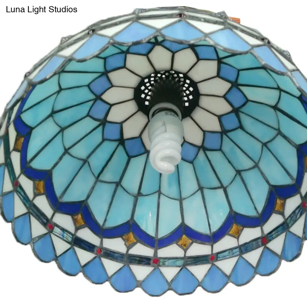 Dining Table Hanging Lights - Floral Shade Pendant Ceiling Lamp in Blue with Tiffany Style Art Glass Shade