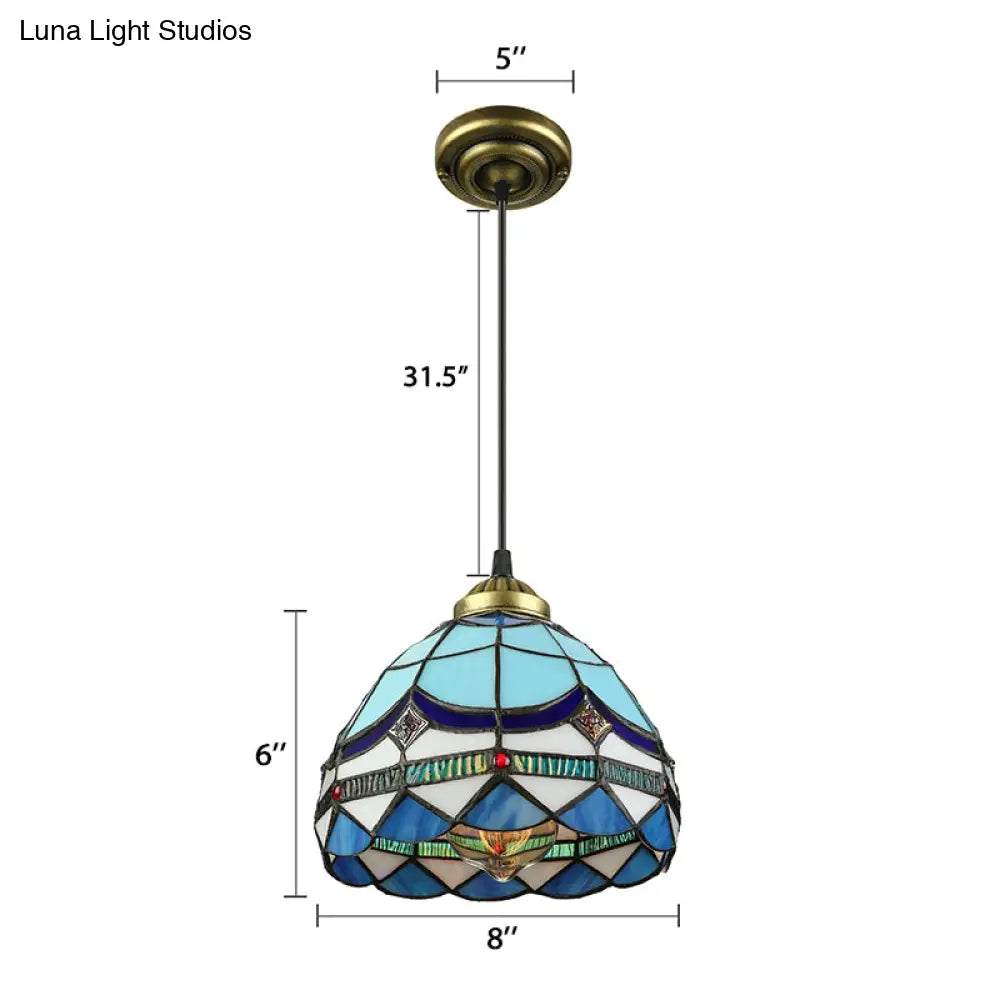 Dining Table Hanging Lights - Floral Shade Pendant Ceiling Lamp in Blue with Tiffany Style Art Glass Shade